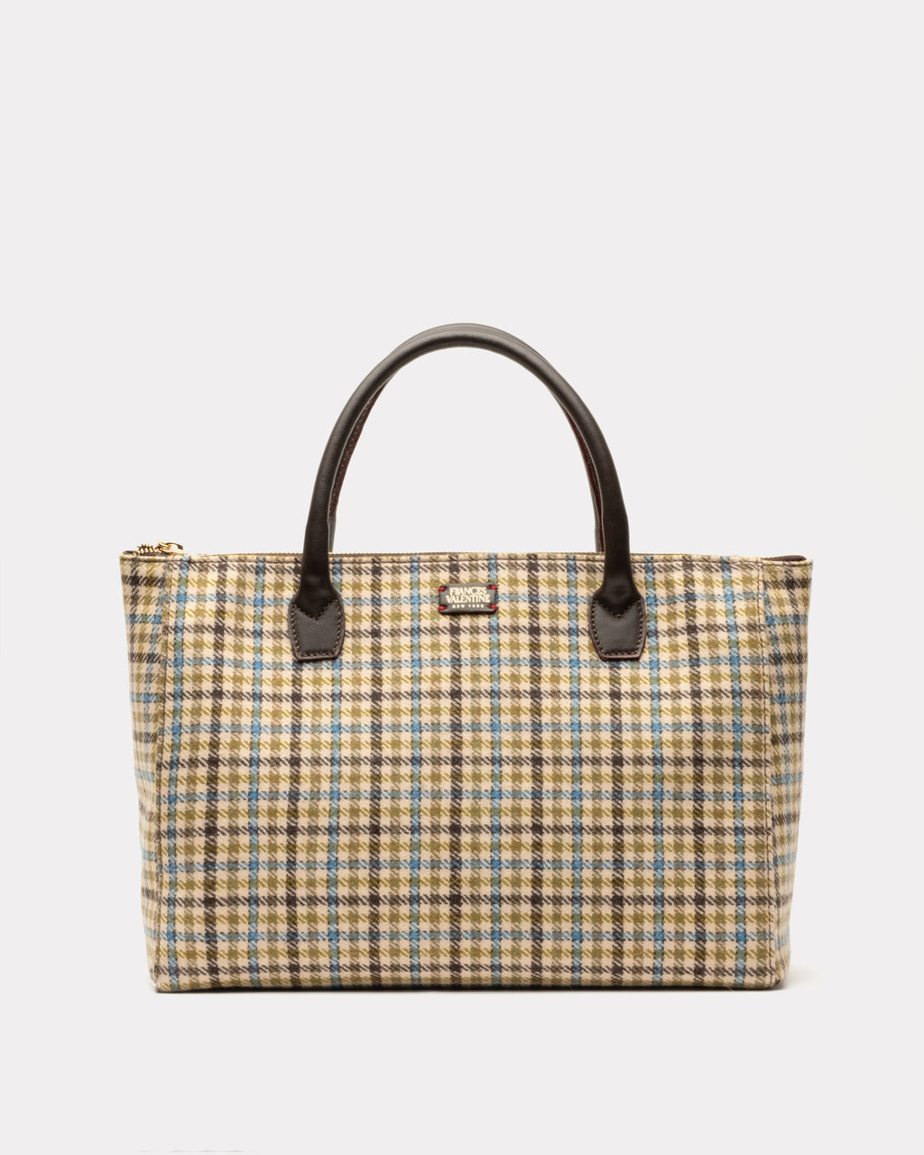 Elegant checkerboard pattern handbag in beige and camel gold