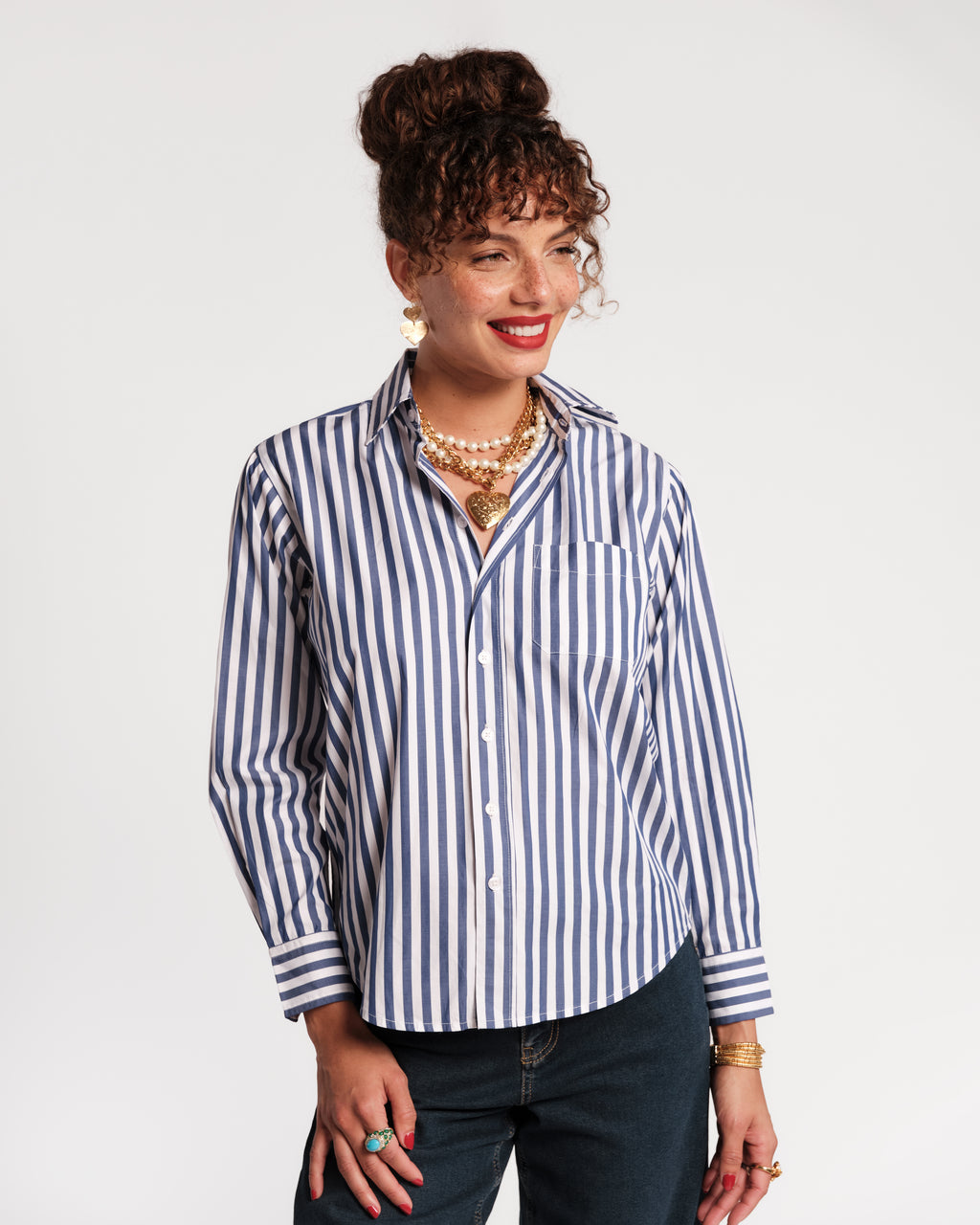 Frances Valentine Perfect Button Down Stripe Navy, Navy White, Size 2X