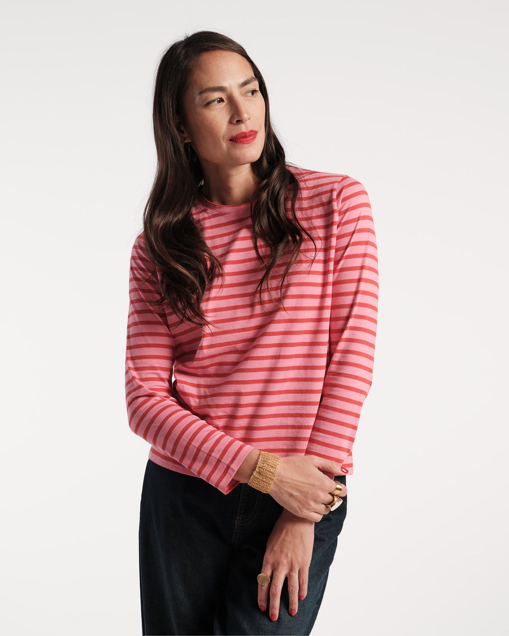 Long Sleeve Striped Tee Shirt Pink Red