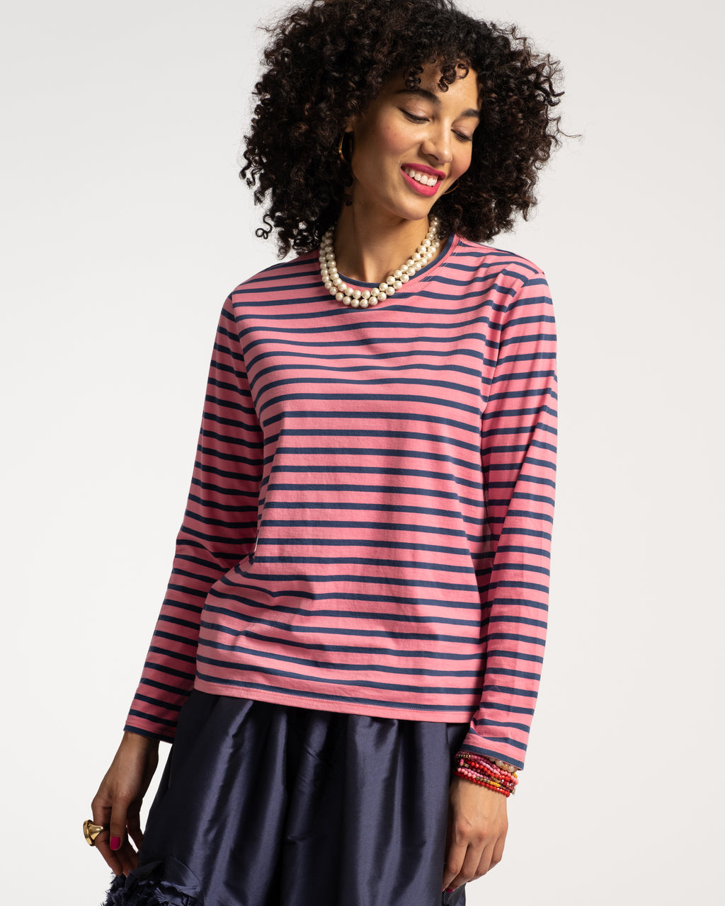 Long Sleeve Striped Shirt Pink Navy | Frances Valentine