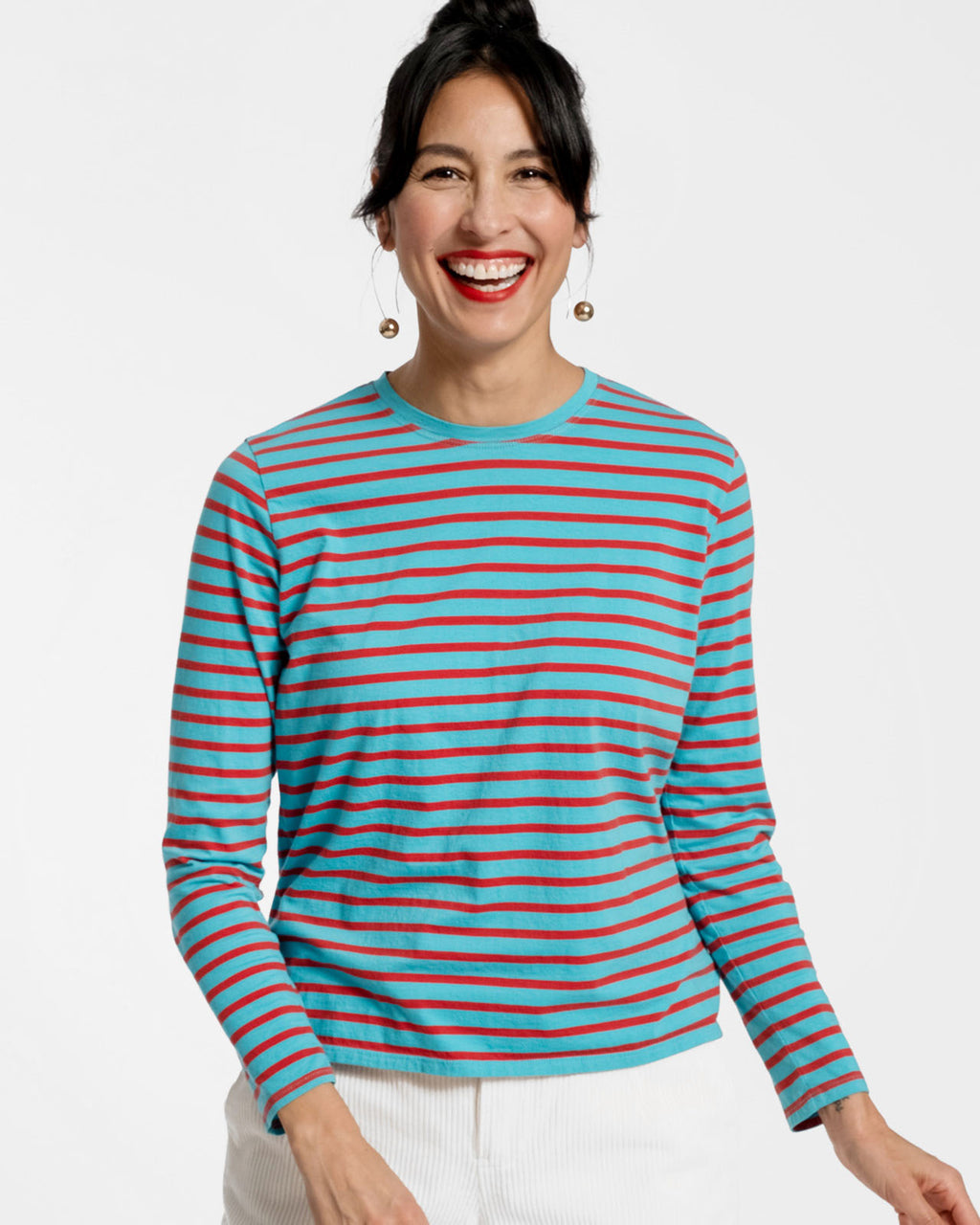 Long Sleeve Striped Shirt Turquoise Red | Frances Valentine