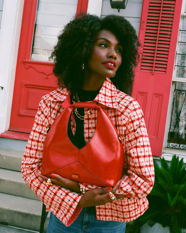 Crescent Tote - Crinkled Leather Red Handbag Frances Valentine