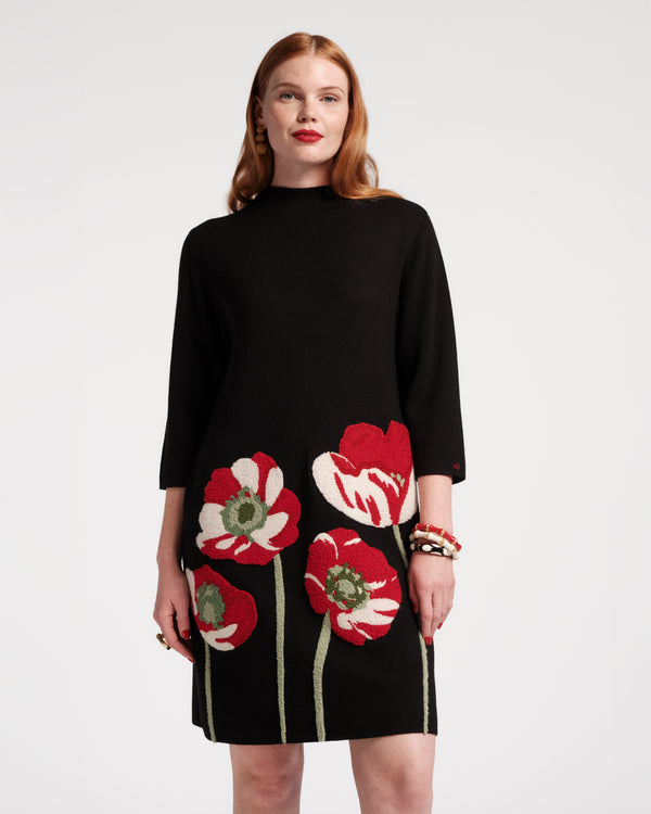 Annie Dress w/Embroidered Flowers Paradise Poppy Wool Blend Black/Red/Multi - Frances Valentine
