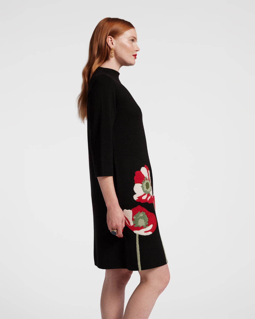 Annie Dress w/Embroidered Flowers Paradise Poppy Wool Blend Black/Red/Multi - Frances Valentine