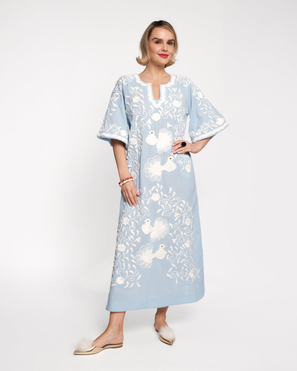 Embroidered Peacock Charming Caftan - Light Blue/Oyster Caftan Frances Valentine