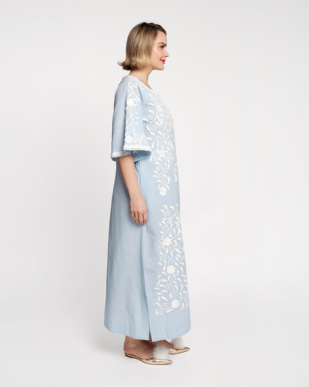 Embroidered Peacock Charming Caftan - Light Blue/Oyster Caftan Frances Valentine