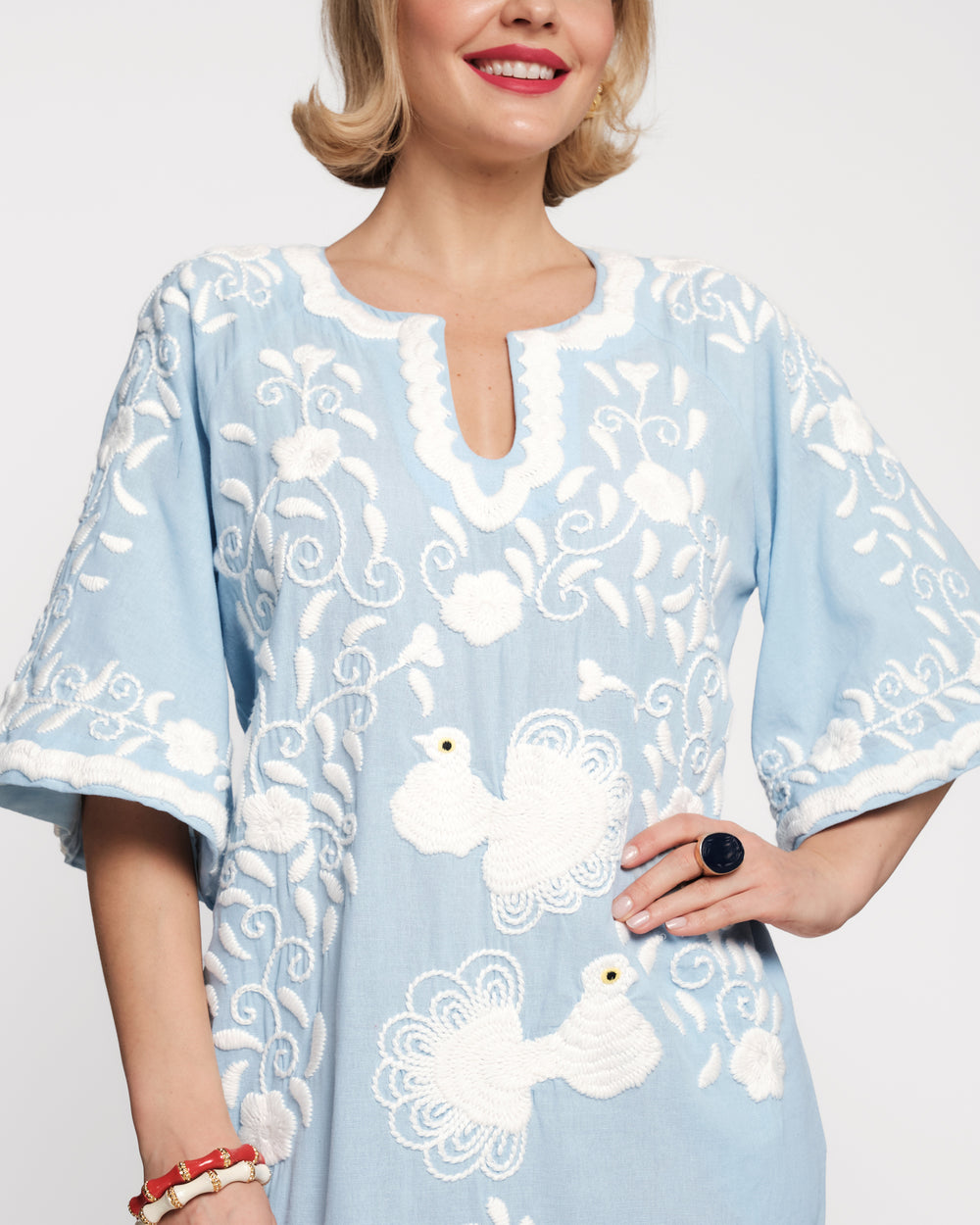 Embroidered Peacock Charming Caftan - Light Blue/Oyster Caftan Frances Valentine