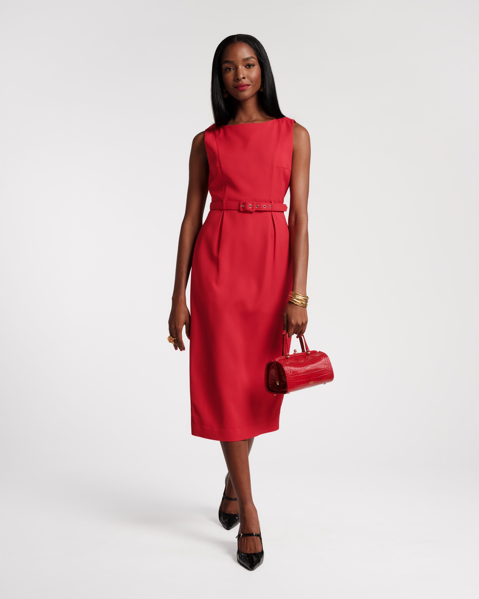 Audrey Belted Midi Dress - Red – Frances Valentine