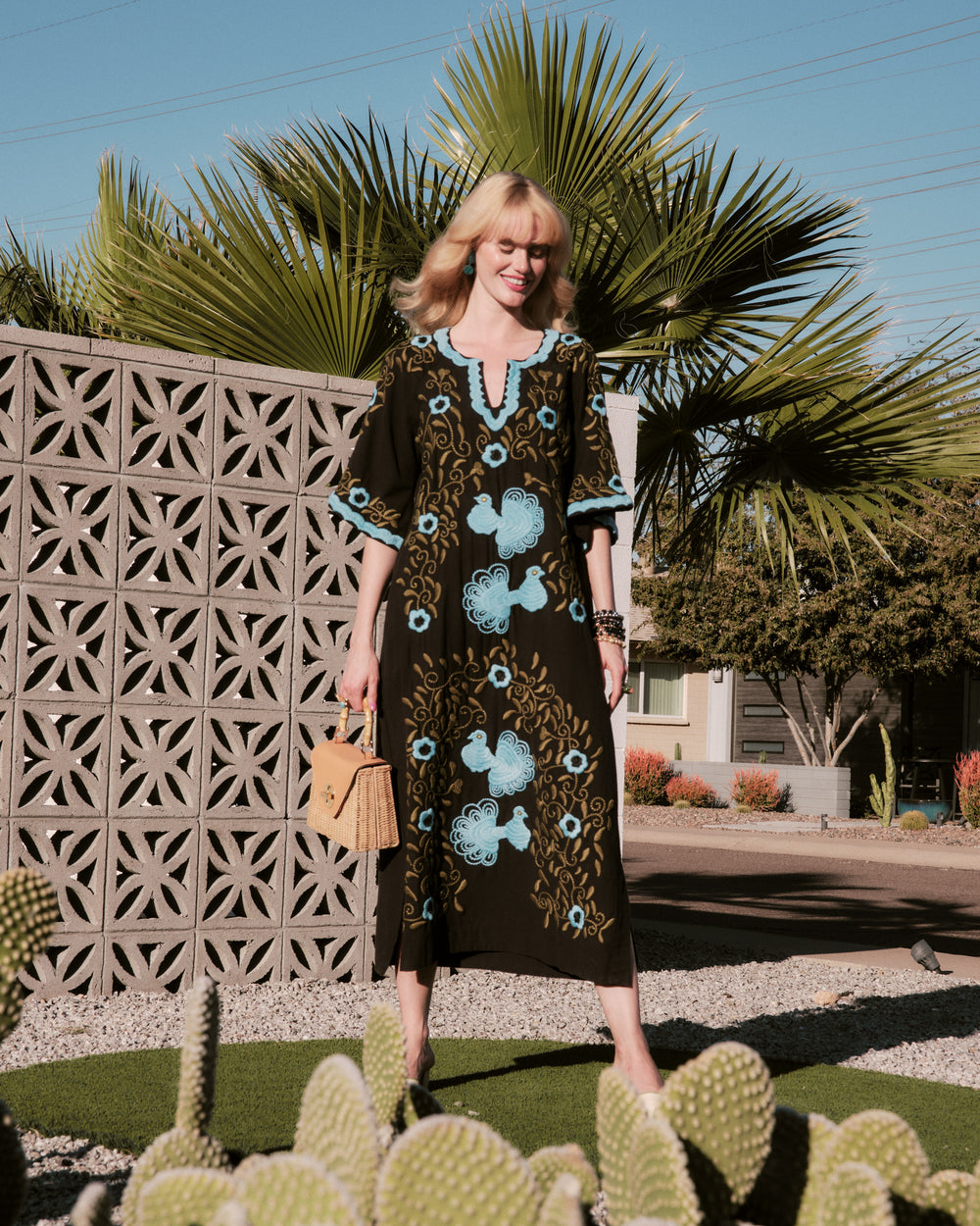 Embroidered Charming Caftan - Black/Light Blue Caftan Frances Valentine