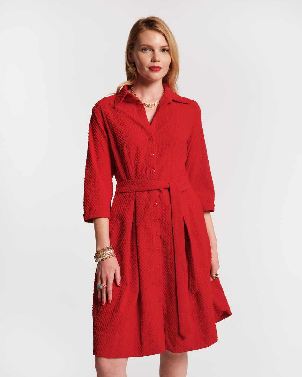 Bellini Dress Waffle Weave Textured Poly Red Frances Valentine