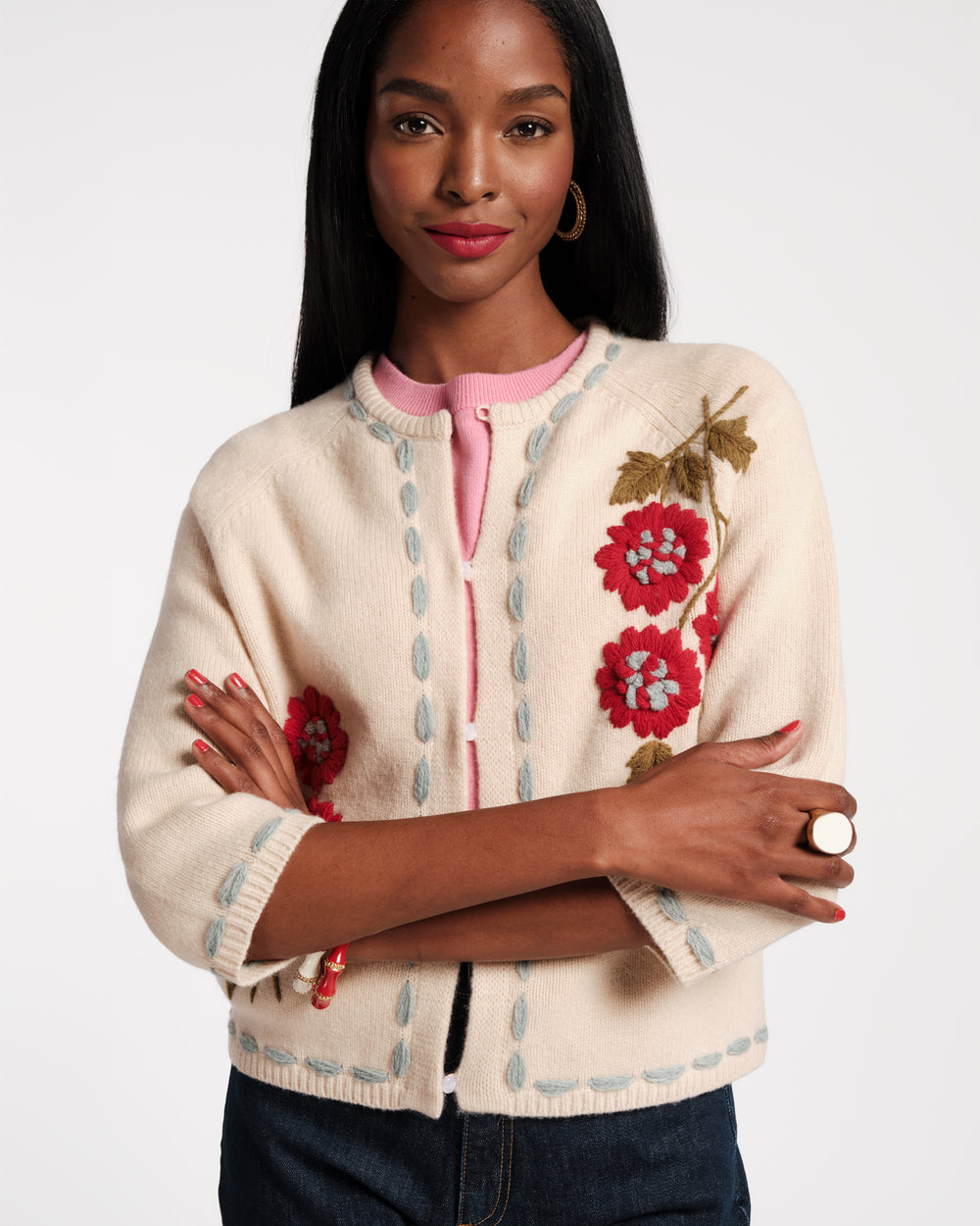 Blanket Stitch Border Cardi - Floating Floral - Frances Valentine