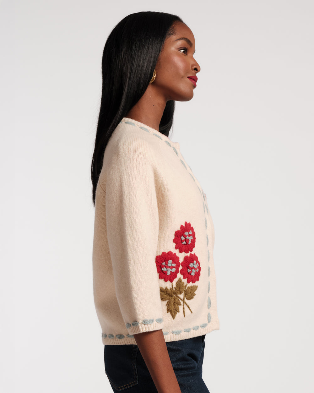 Blanket Stitch Border Cardi - Floating Floral - Frances Valentine