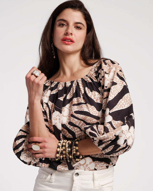 Bliss Top Sketchy Jungle Cotton Poplin Black/Taupe - Frances Valentine