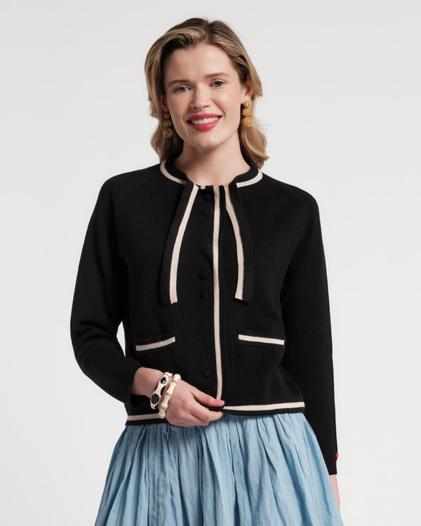 Border Tie Neck Cardigan Solid Wool 100% Merino Wool Black/Oyster Frances Valentine