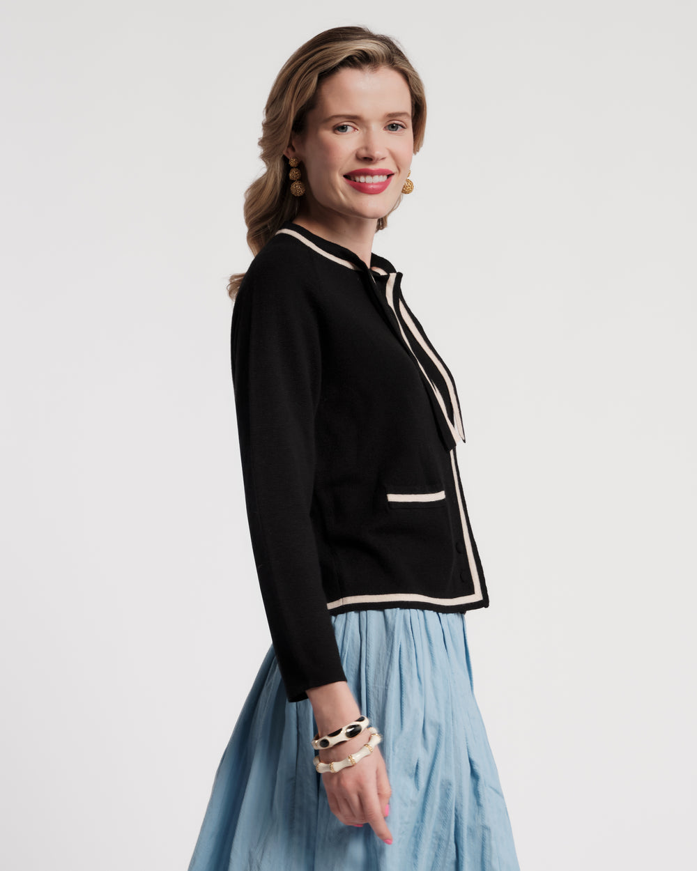 Border Tie Neck Cardigan - Black Sweater Frances Valentine