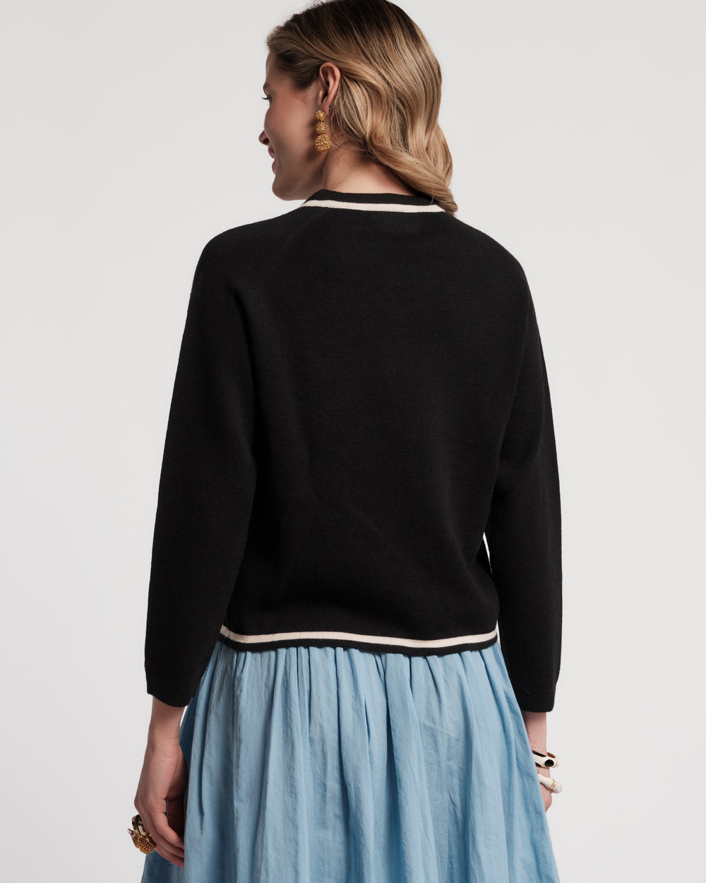 Border Tie Neck Cardigan - Black Sweater Frances Valentine