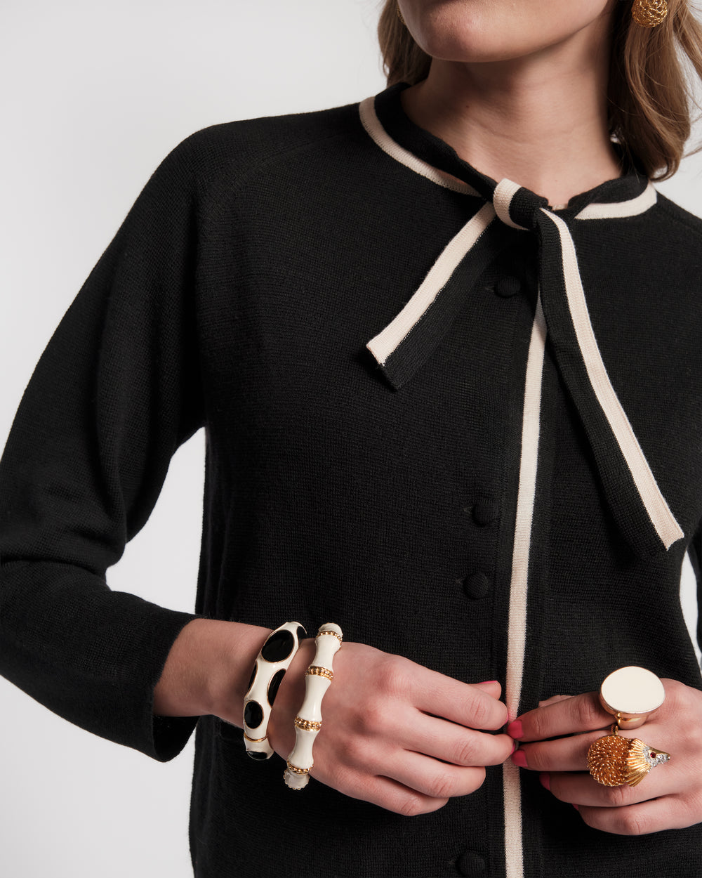 Border Tie Neck Cardigan - Black Sweater Frances Valentine