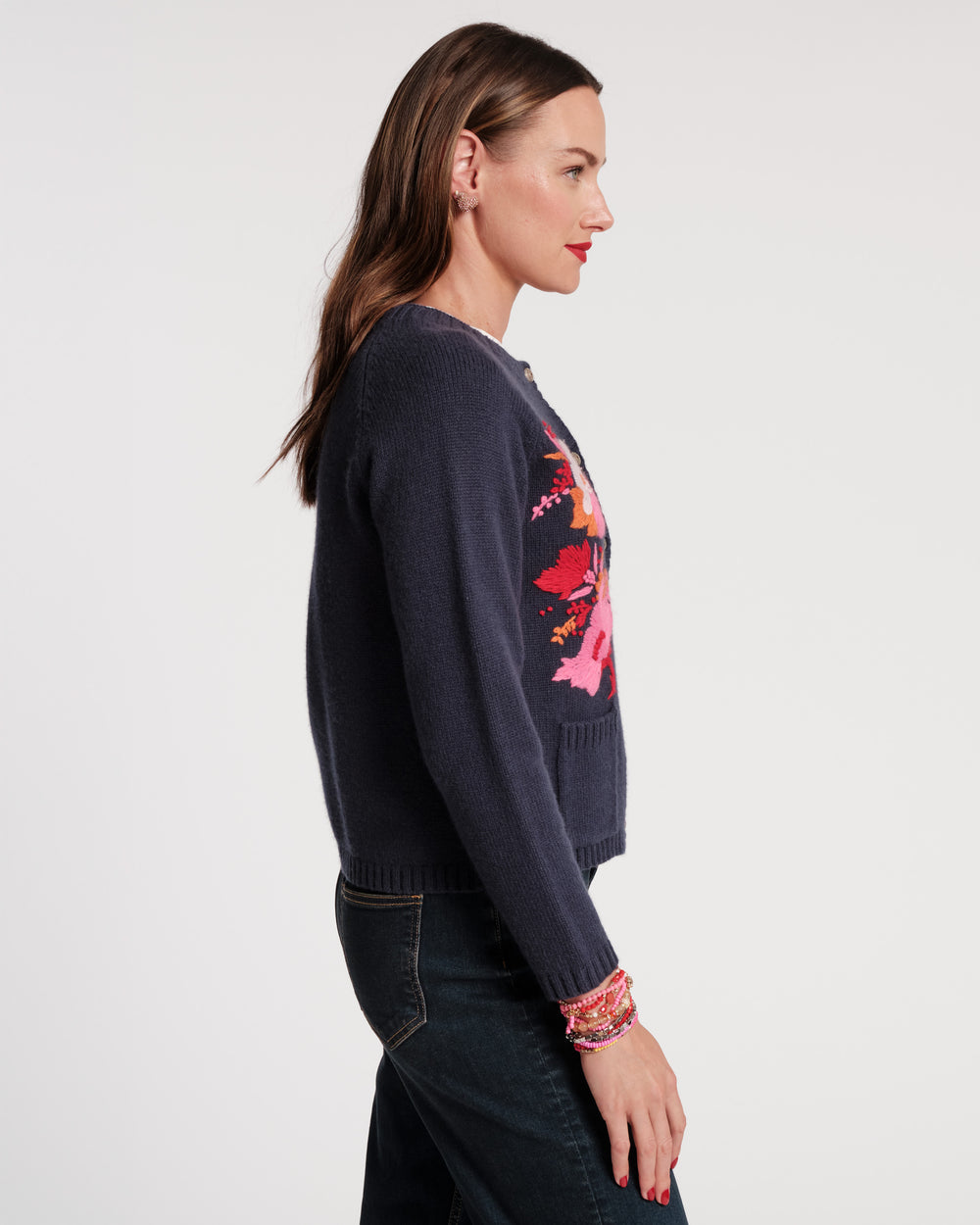 Wool Tulip Bouquet Cardigan - Navy
