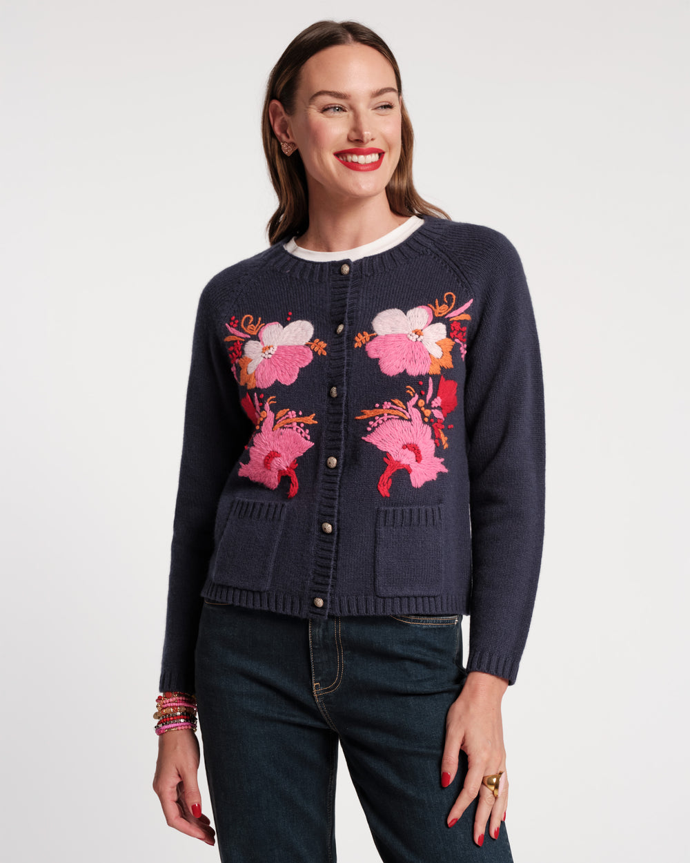 Wool Tulip Bouquet Cardigan - Navy