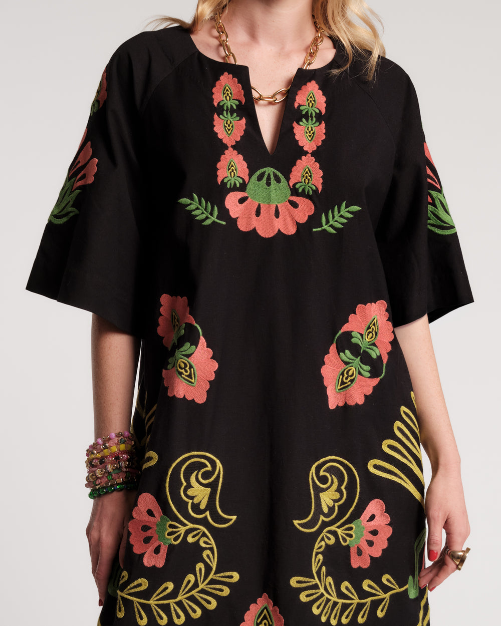 Embroidered Charming Caftan - Canopy Black/Green Dresses Frances Valentine