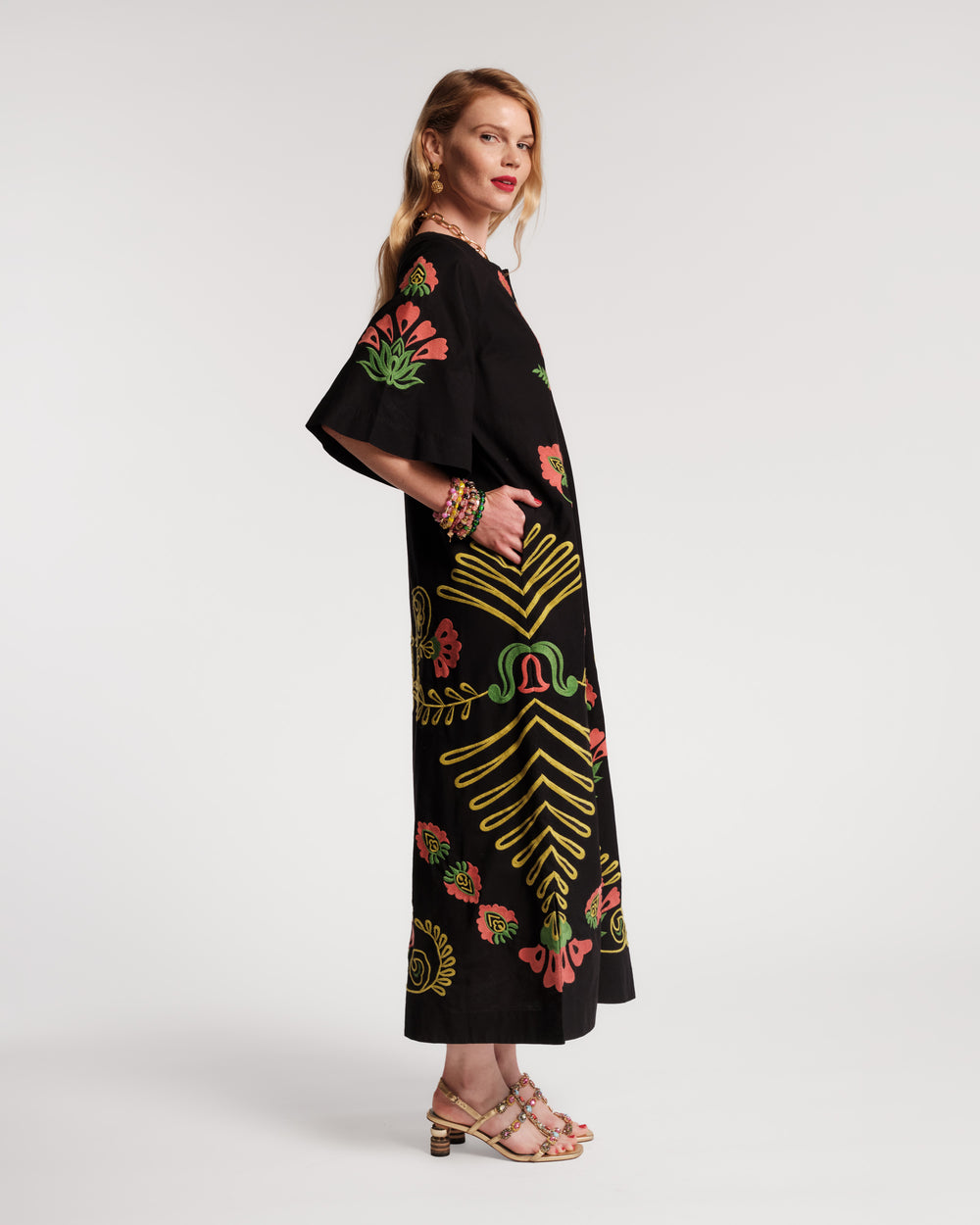 Embroidered Charming Caftan - Canopy Black/Green Dresses Frances Valentine
