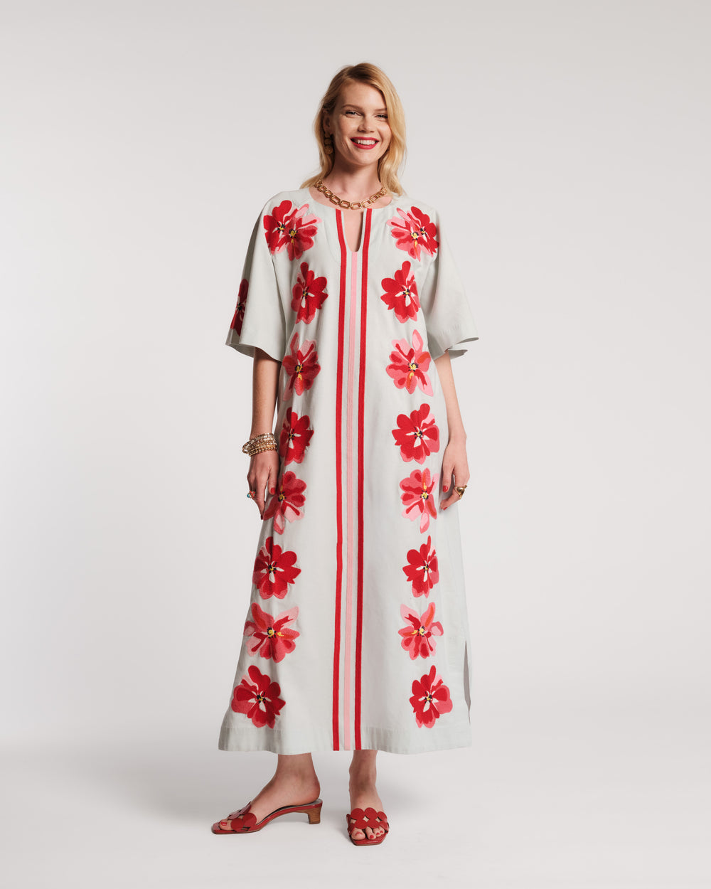 Charming Caftan Maxi Georgia Embroidery Cotton Flex Light Blue/Red/Pink Frances Valentine