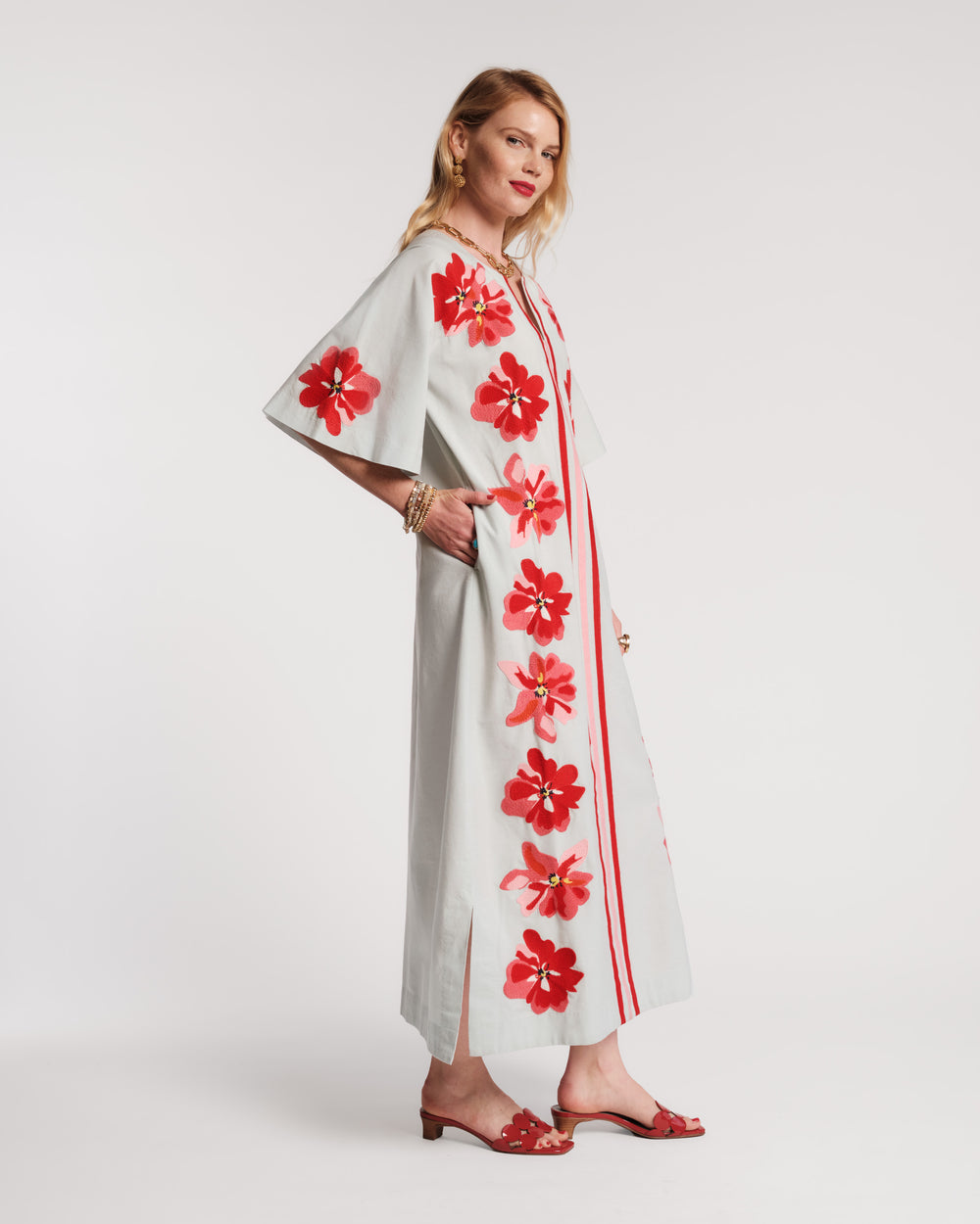 Charming Floral-Embroidered Maxi Caftan In Blue