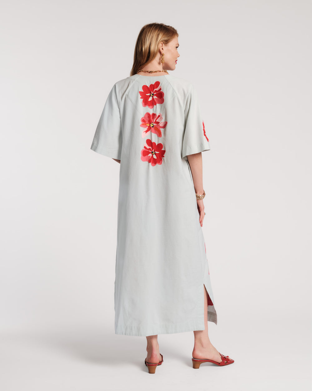 Charming Caftan Maxi Georgia Embroidery Cotton Flex Light Blue/Red/Pink Frances Valentine
