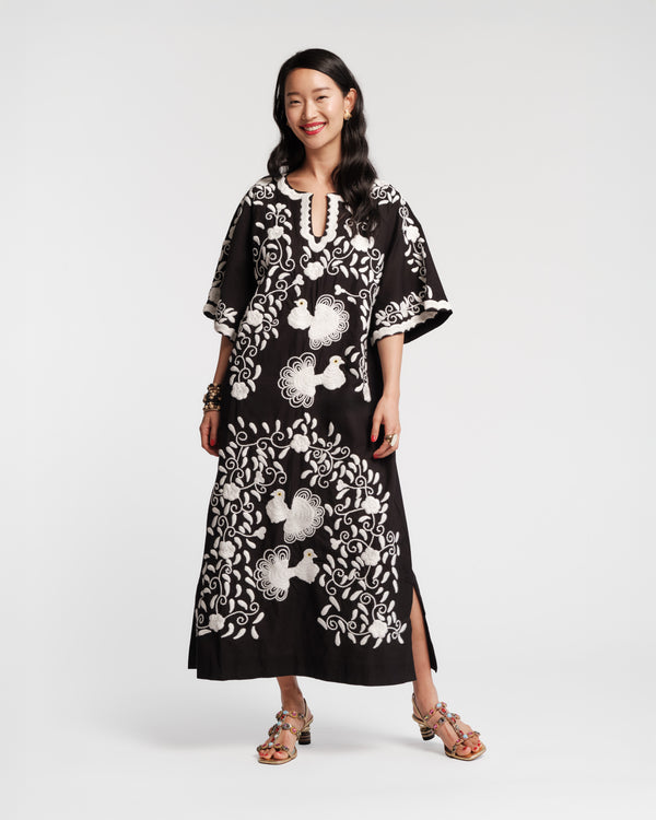Charming Caftan - Peacock Embroidery Black