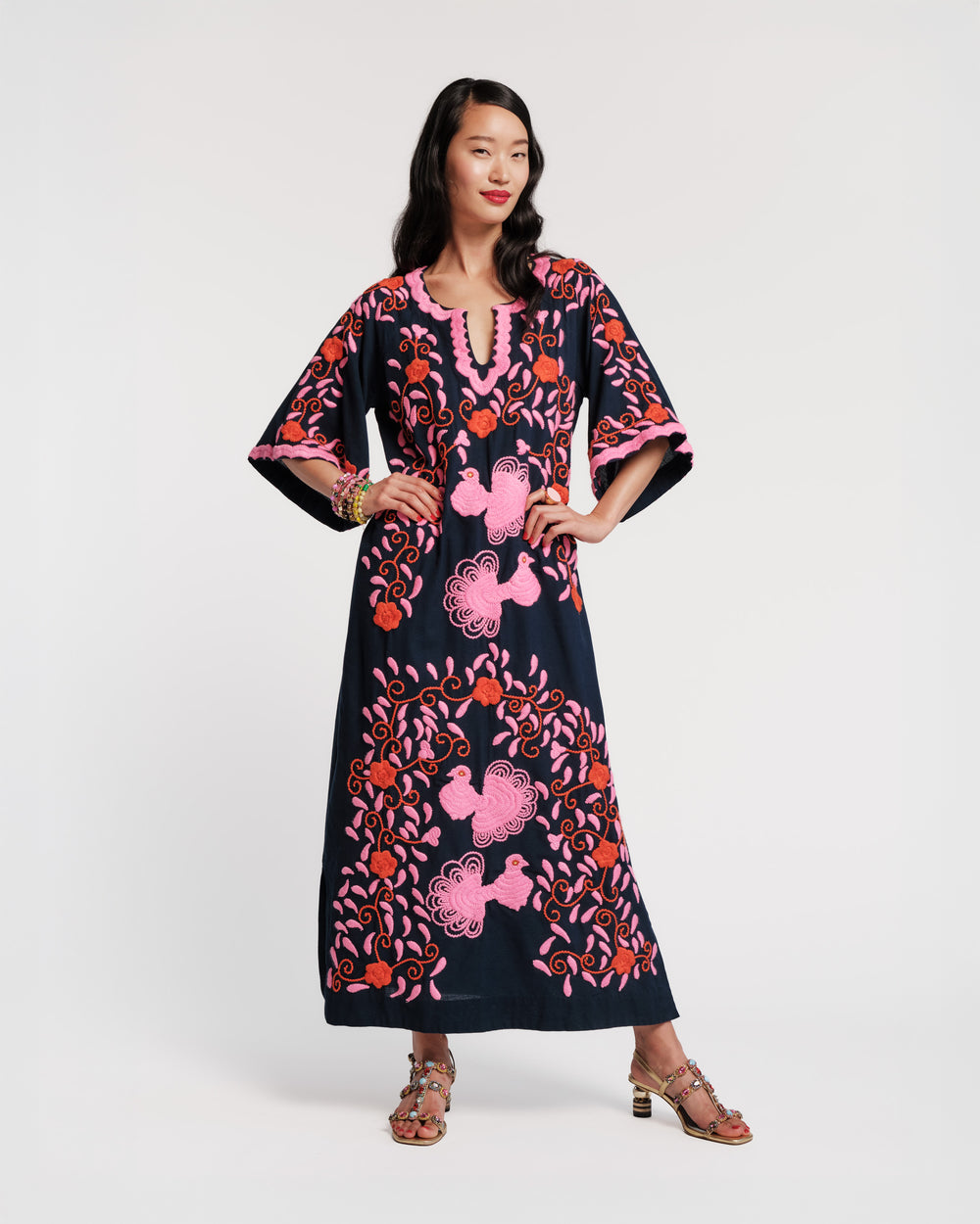 Charming Caftan - Peacock Embroidery Navy
