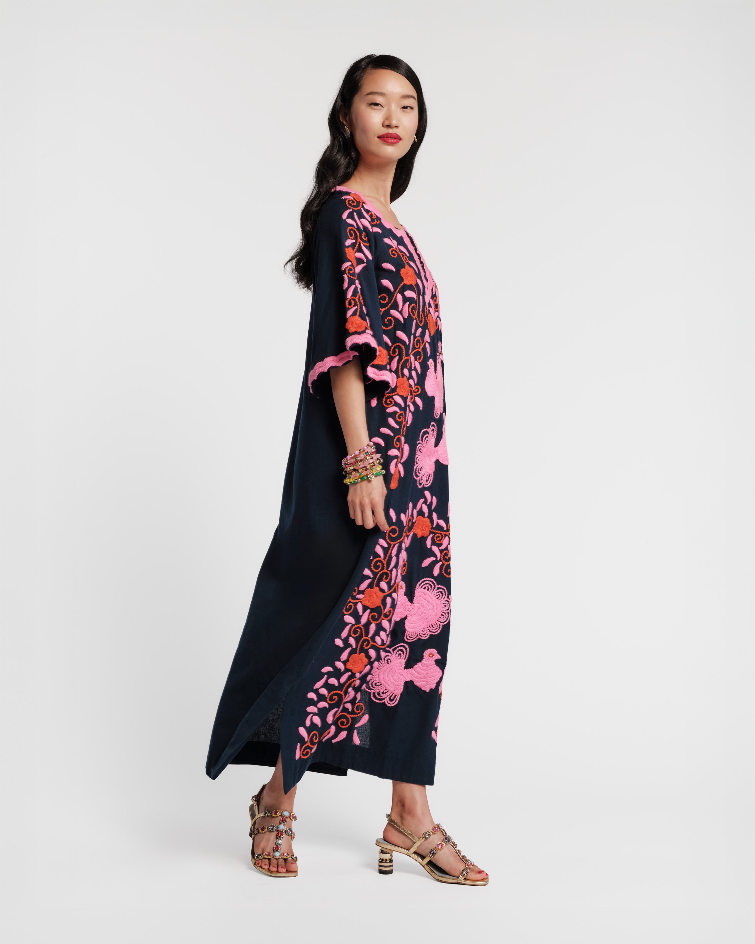 Embroidered Peacock Charming Caftan - Navy – Frances Valentine