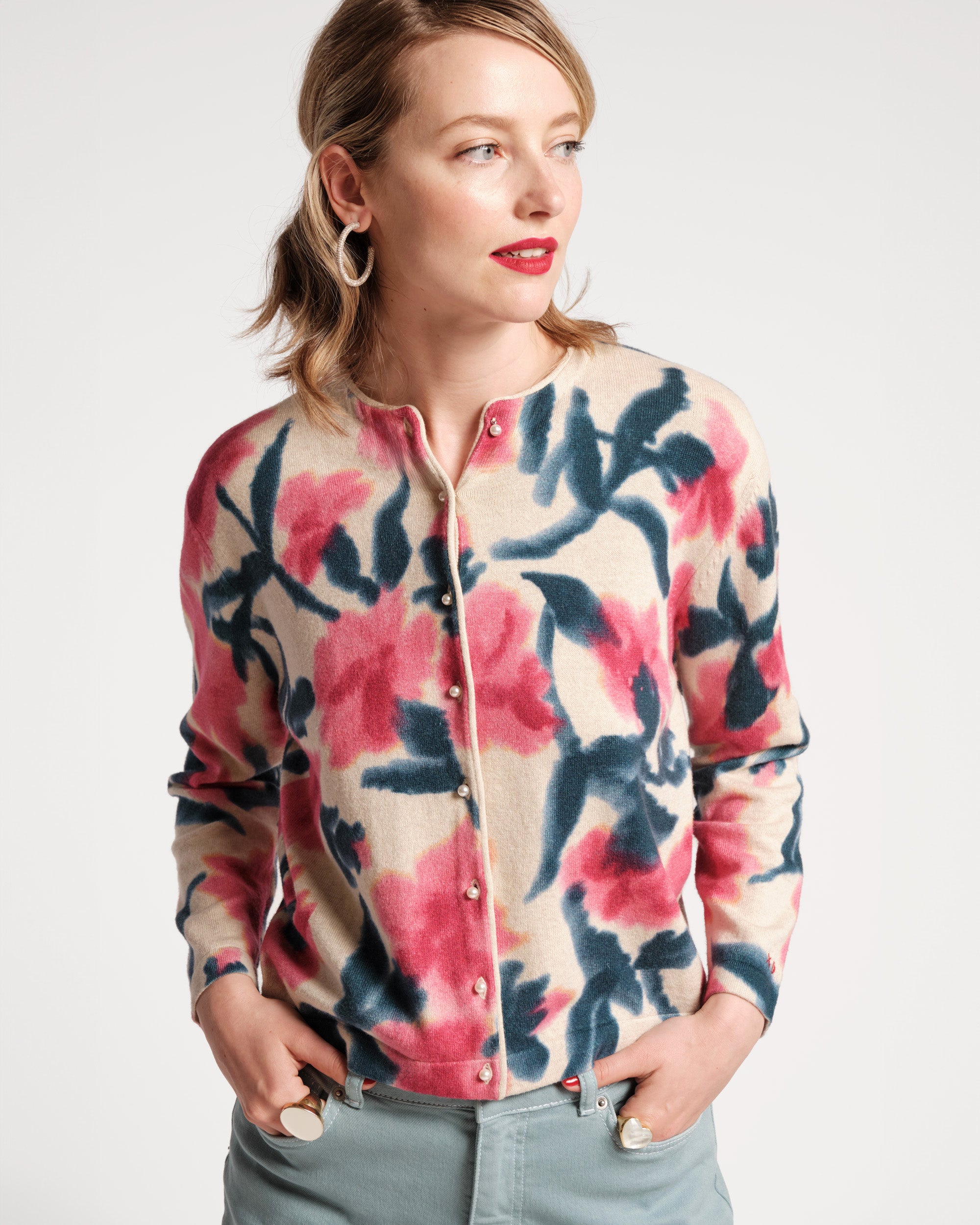 Darling Cardigan Cotton Cashmere Lotus Print Pink Multi