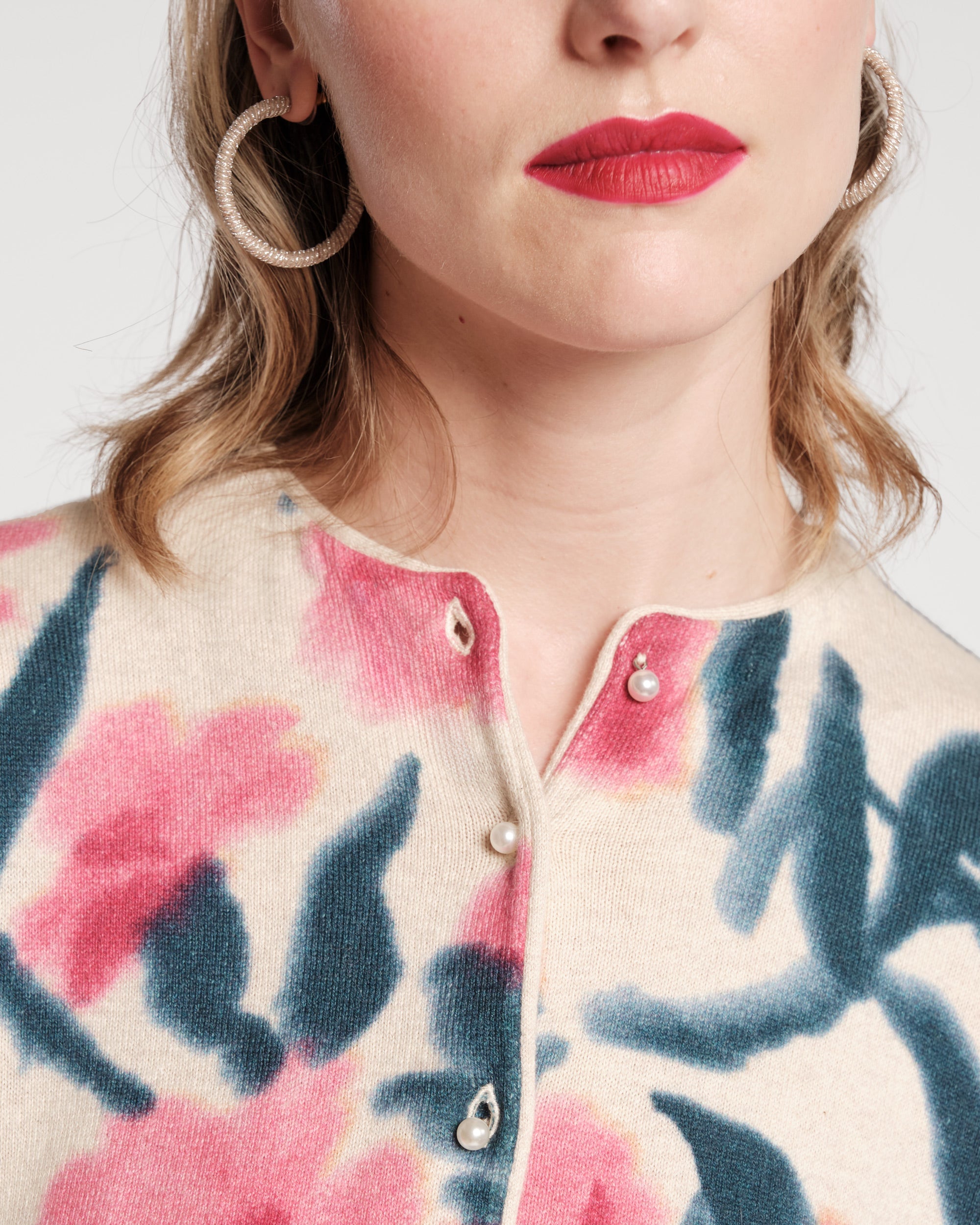 Darling Cardigan Cotton Cashmere Lotus Print Pink Multi