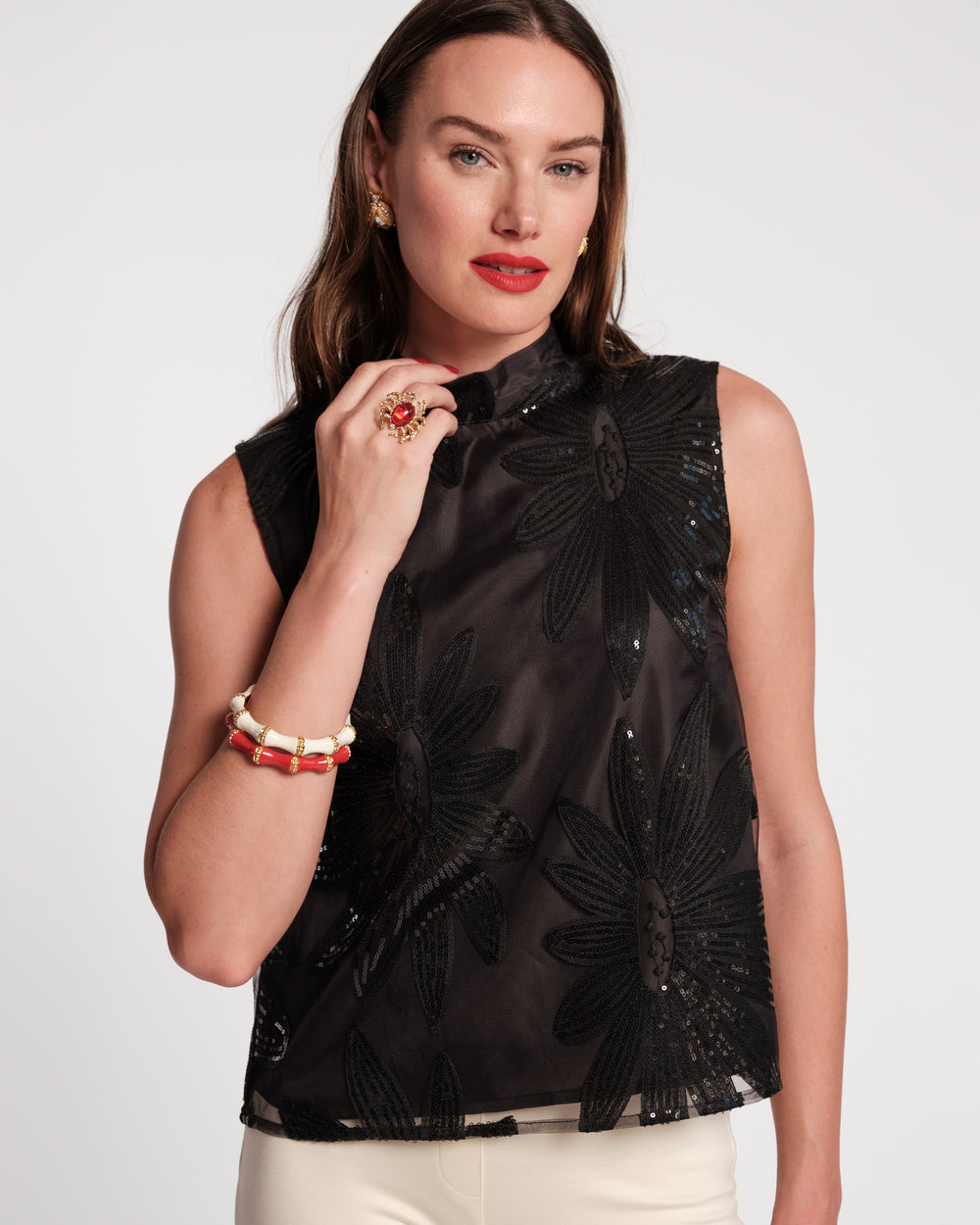 Diplomat Top - Sequin Floral Black