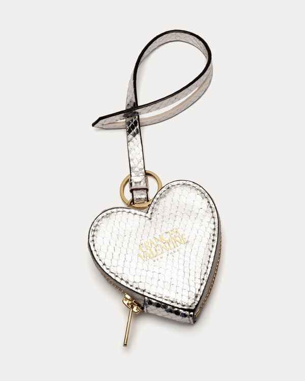 Heart Keychain Charm - Metallic Snake Print Silver
