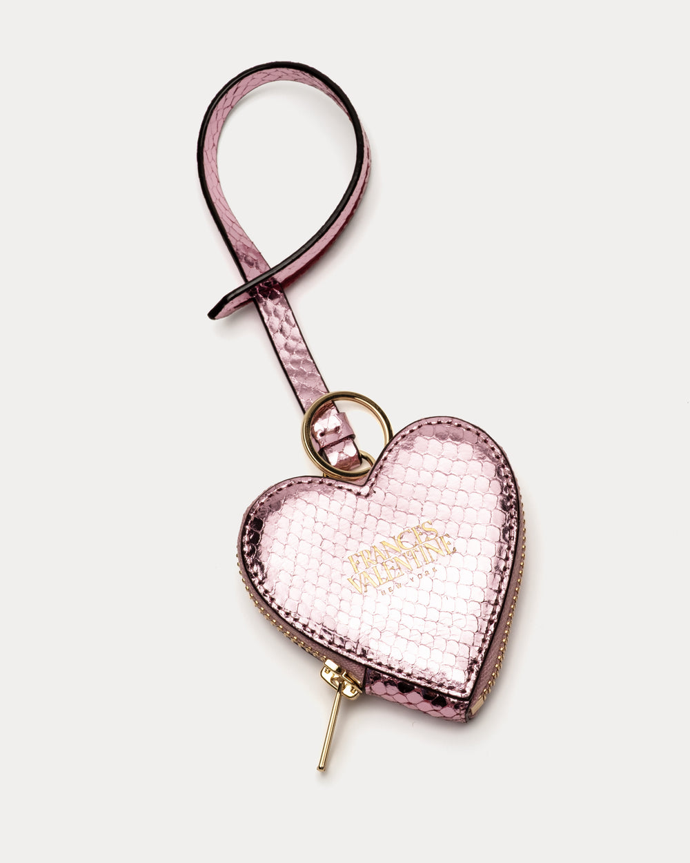 Heart Keychain Charm - Metallic Snake Print Pink