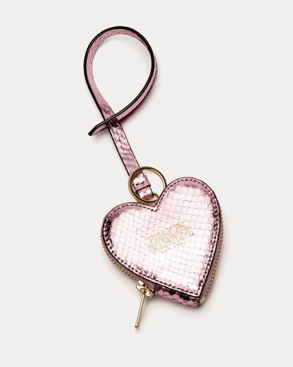 Heart Keychain Charm - Metallic Snake Print Pink