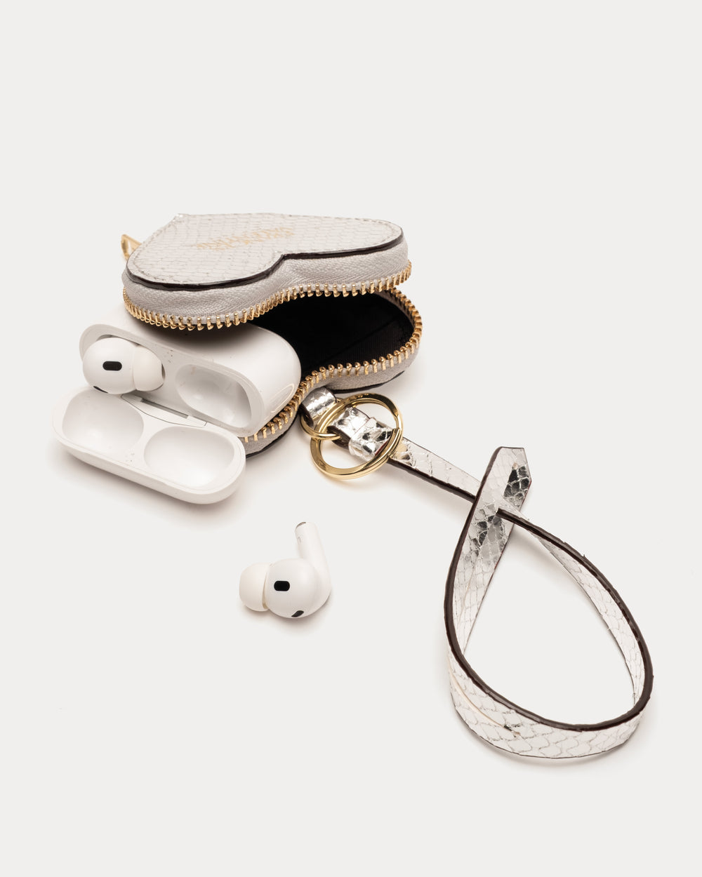 Heart Keychain Charm - Metallic Snake Print Silver