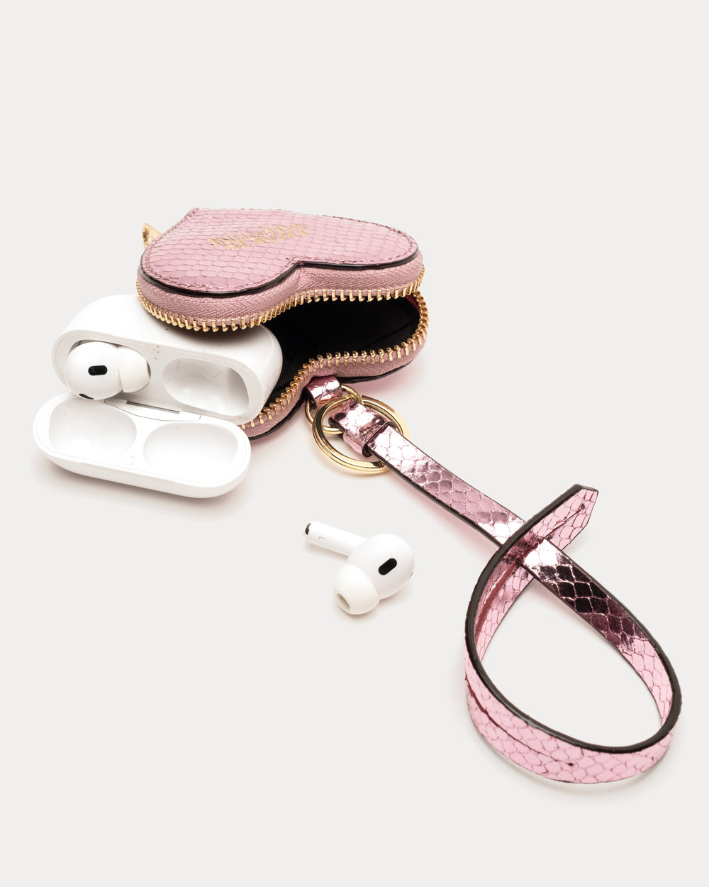 Heart Keychain Charm - Metallic Snake Print Pink