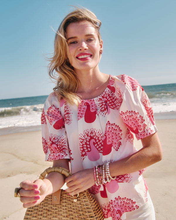 Zonda Top Peacock Pair Cotton Poplin Oyster/Multi Shirt Frances Valentine