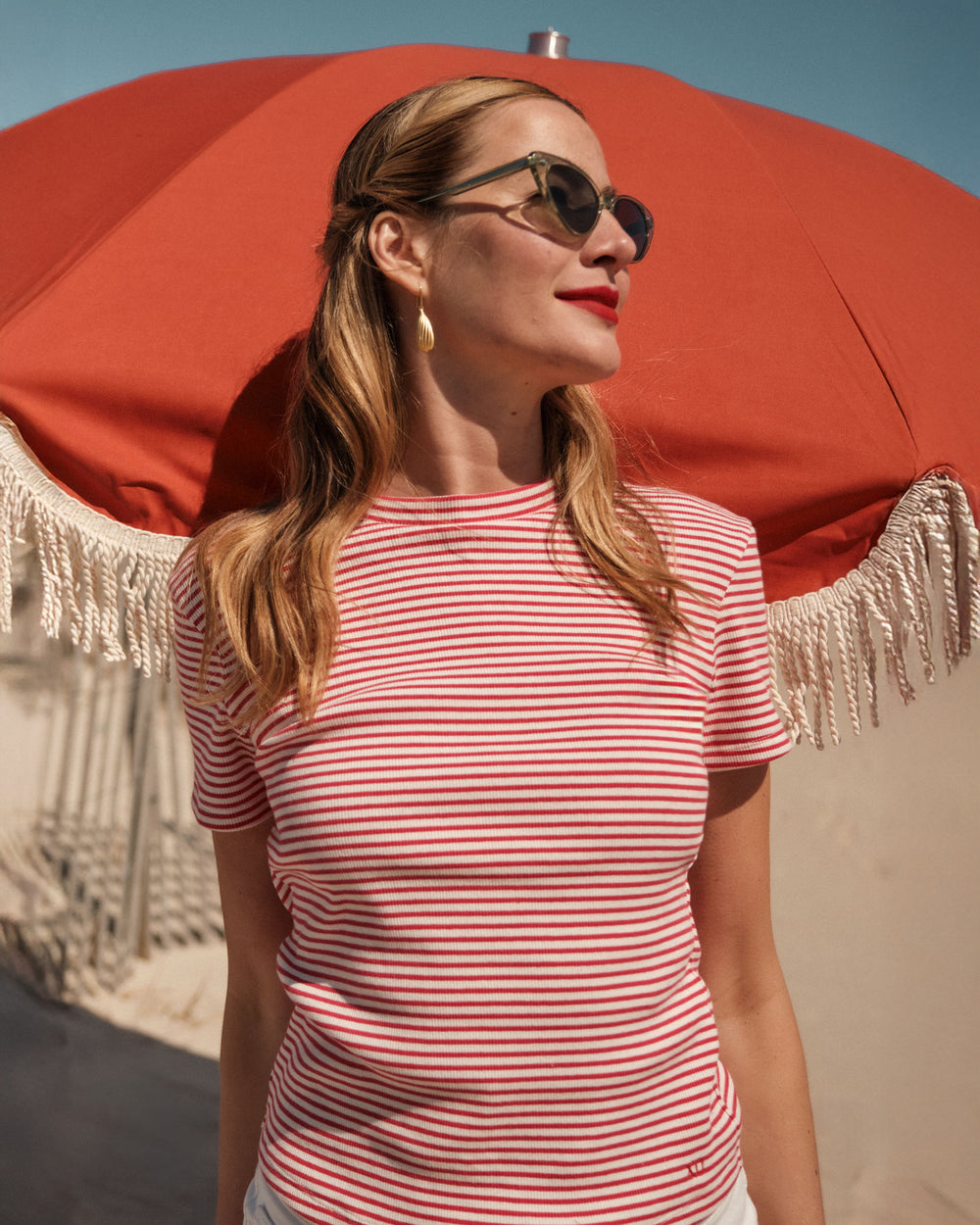Crewneck Ribbed Tee - Stripe Cotton Red/White - Frances Valentine