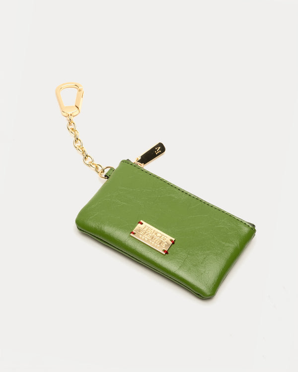 Card Holder with Key Chain Crinkled Leather Leather Green OS - Frances Valentine