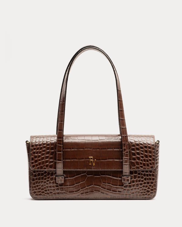 Small Slim Croc Tote Bag - Brown - Frances Valentine