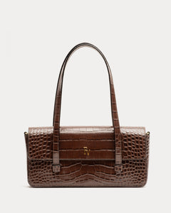 Small Slim Tote Croc Embossed Leather Chocolate - Frances Valentine