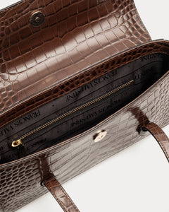 Small Slim Tote Croc Embossed Leather Chocolate - Frances Valentine