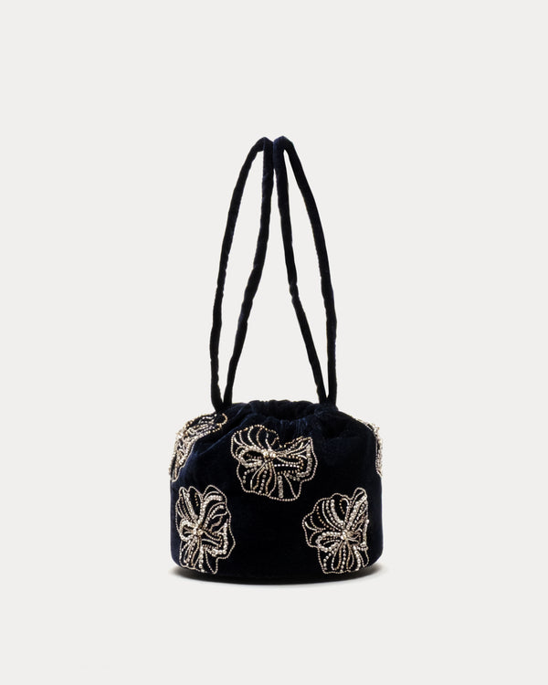 Velvet Pouf Bag Floral Embroidery - Navy/Silver