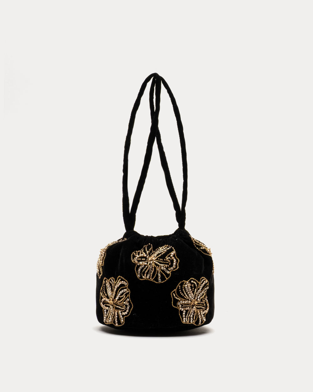 Velvet Pouf Bag Floral Embroidery - Black/Gold