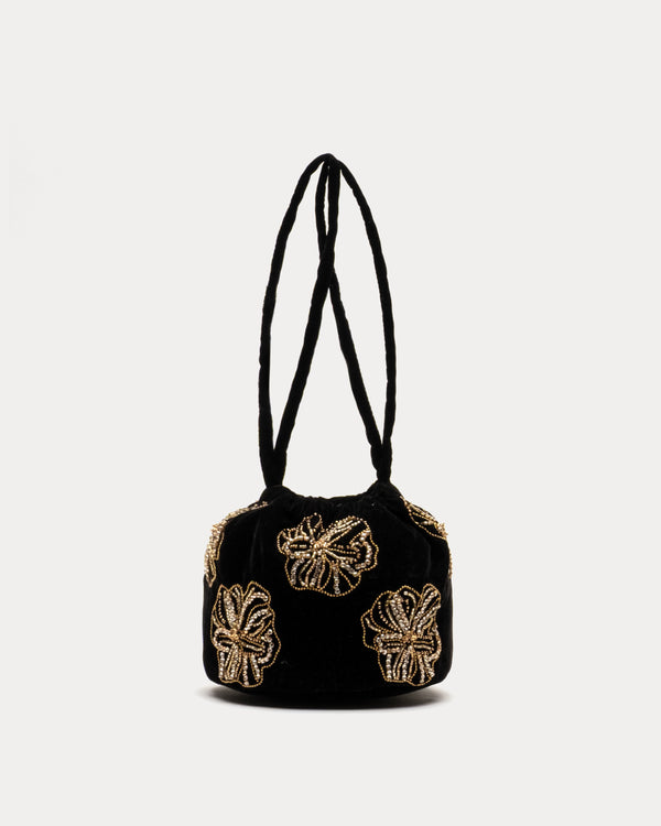 Velvet Pouf Bag Floral Embroidery - Black/Gold