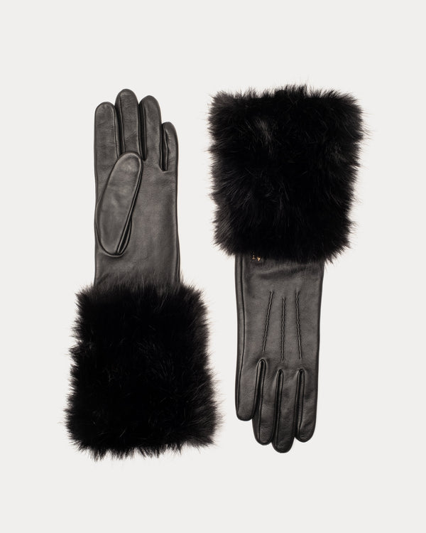 Faux Fur Cuff Leather Gloves - Black Gloves & Mittens Fownes