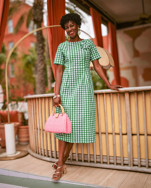 Michelle Midi Dress Gingham Cotton Poplin Green/Oyster Frances Valentine